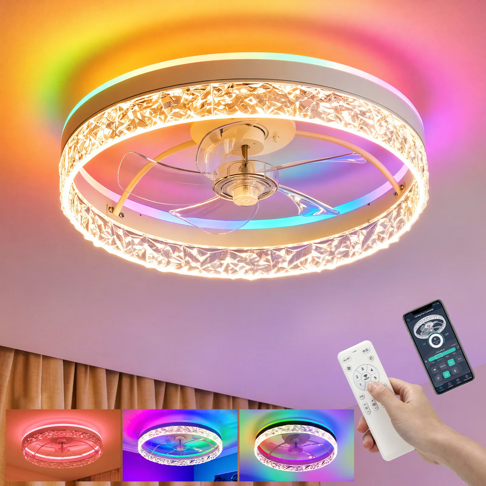 Ventilatore da soffitto da 68W con luce LED, controllo tramite app e telecomando, RGB dimmerabile, 6 velocità, silenzioso, forma rotonda, 50 cm, luce LED ad anello con anello in cristallo, motore a
