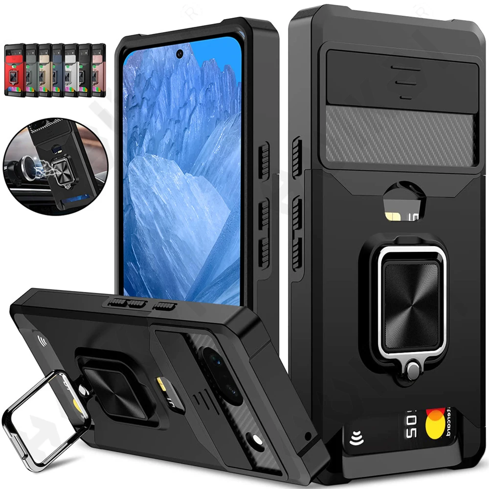 Case For Google Pixle 9 8A 8 7A 7 Pro Sliding Camera Cover Heavy Duty Protective Pixel with Card Holder Magnetic Kickstand Case