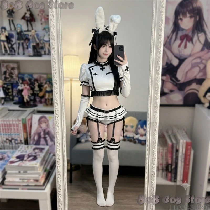 Zuckerwatte-Weißes-Kaninchen-Krankenschwester-Kostüm, Milchmädchen-Outfit, Cosplay-Kostüm, Sexy Hasenfrau-Jirai-Kei-Kleidung für Halloween-Party