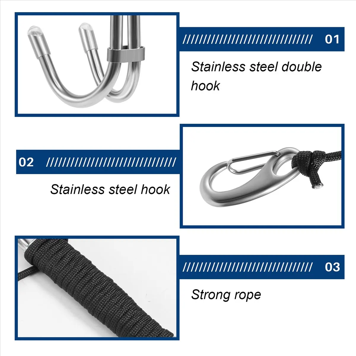 T22C  Scuba Diving Double Dual Stainless Steel Reef Drift Hook with Line and Clips Hook for Current Dive Underwater,Black