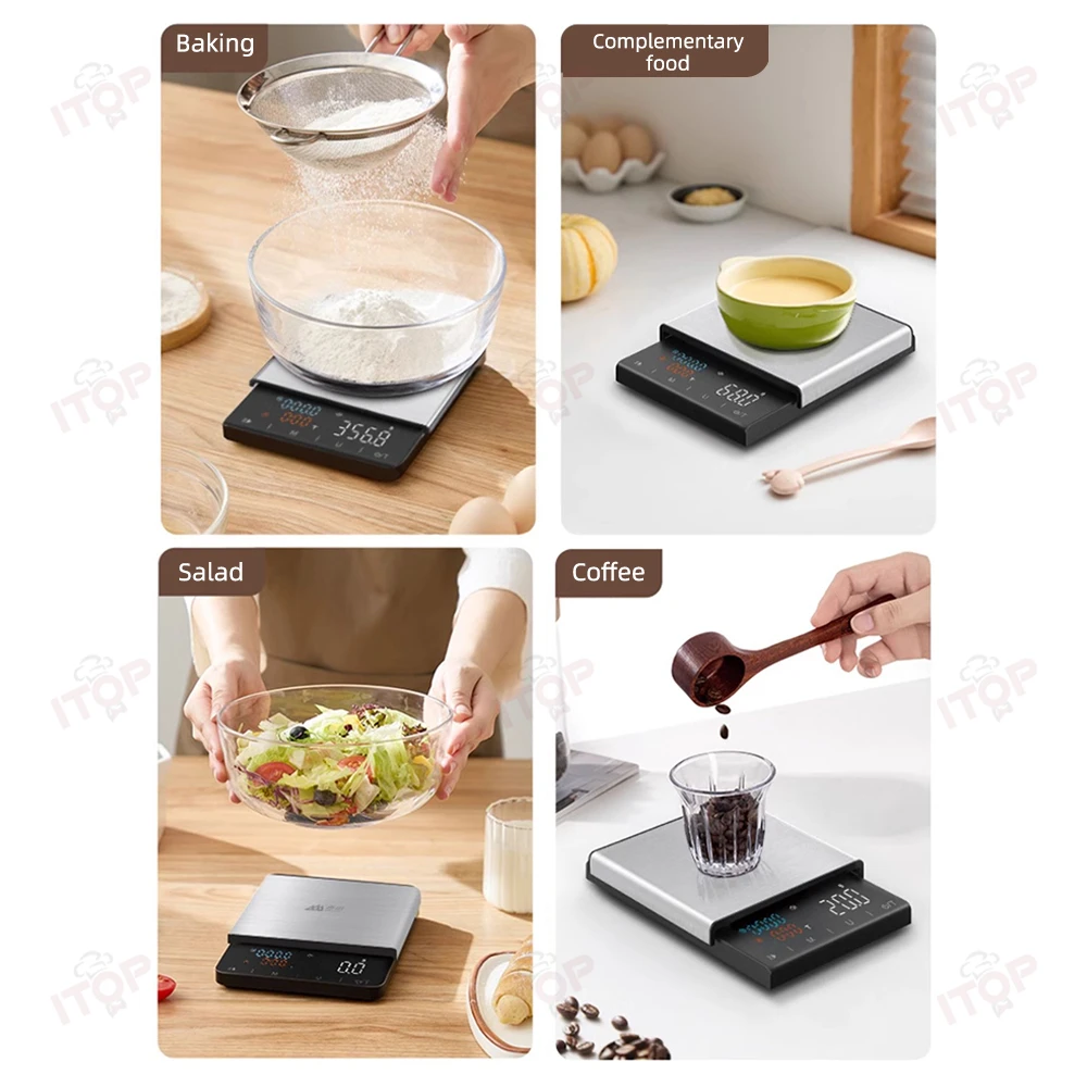 STLF JW 3 كجم/0.1 جرام مقياس المطبخ الإلكتروني بالتنقيط الرقمي عالي الدقة مقياس وزن القهوة الذكي القابل لإعادة الشحن مع مؤقت