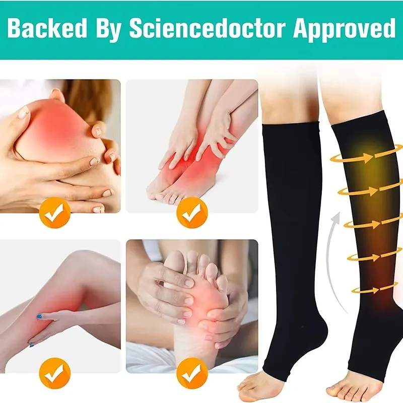 1 Pair Unisex Graduated Compression Stockings Open Toe Knee High Socks Anti Varicose Veins Relief Elastic Calf Support Sleeves