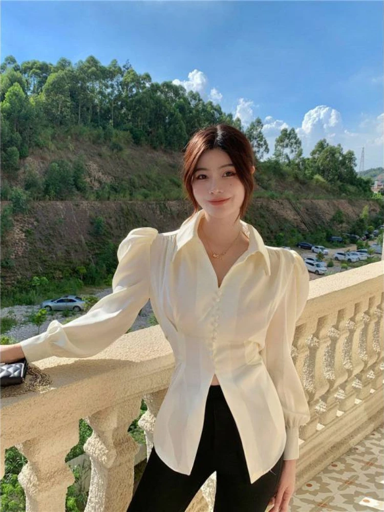 Deeptown Blouses Bandage Bow Tie Shirts Backless Casual Long Puff Sleeve Solid Color Tops Button Waist Fit Blouses Fashion 2024.