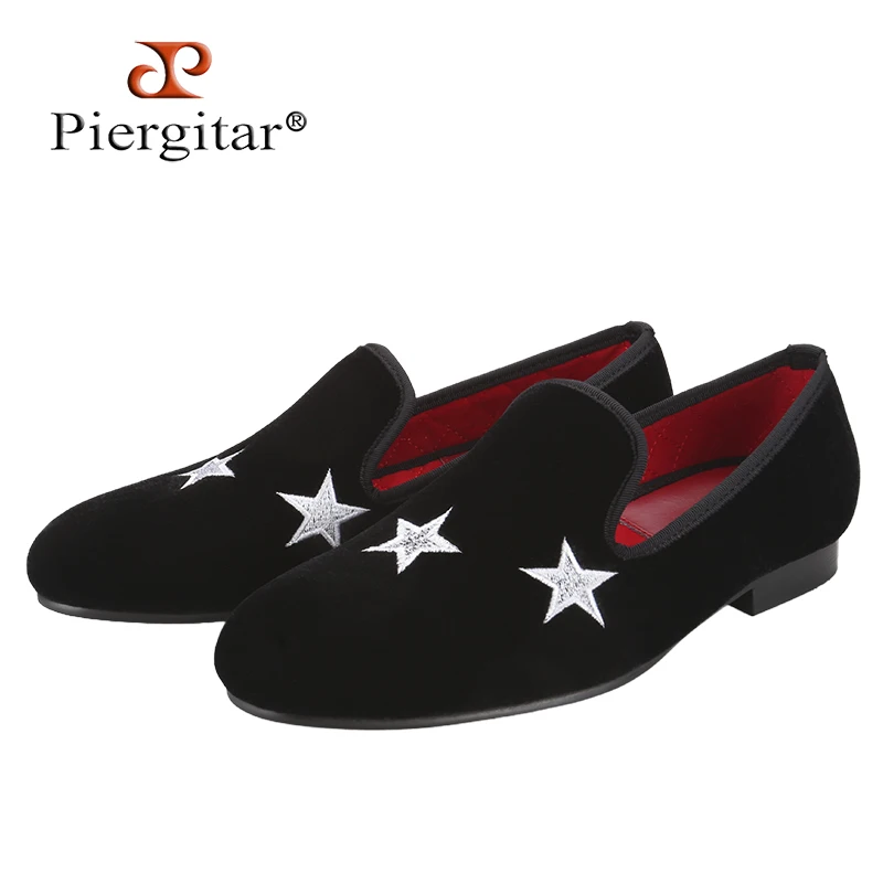 Piergitar Black Velvet With Stars Embroidery Slip-On Loafers Handmade Men Formal Shoes For Party Wear Red Quilted Cotton Inside