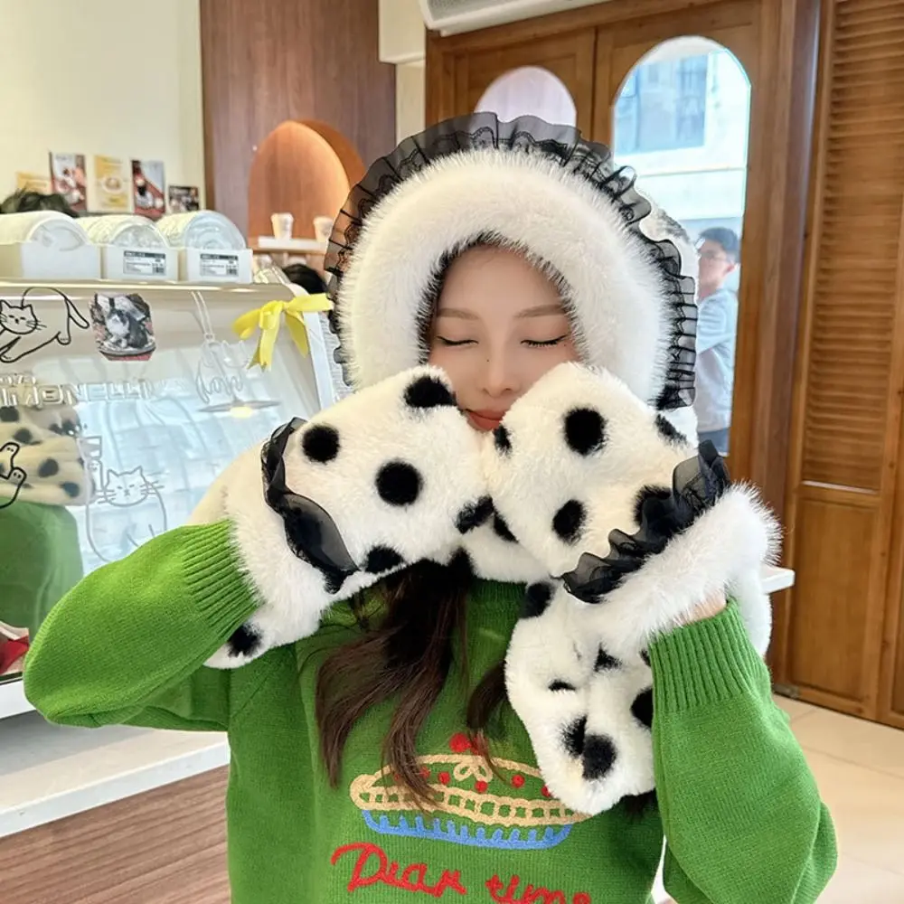 Cute Plush Plush Hat Three-piece Set Windproof Winter Scarf Warm Rabbit Ears Versatile Hat Winter