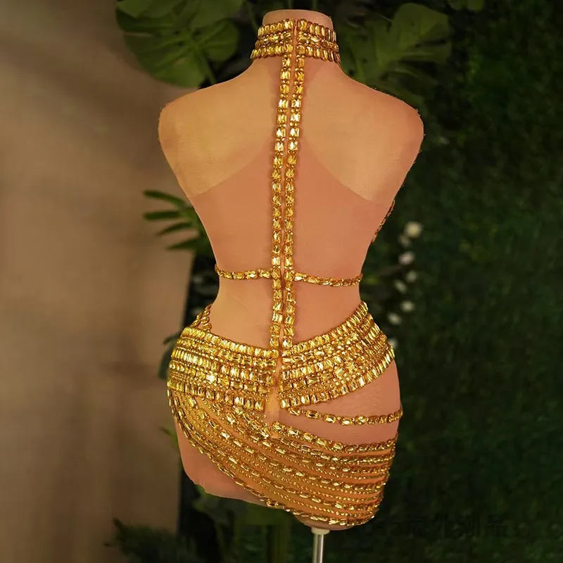 New Shiny Gold Rhinestones Dress Sexy Perspective Pole Dance Dresses Women Gogo Costume Bar Nightclub Dj Ds Rave Outfit Dress