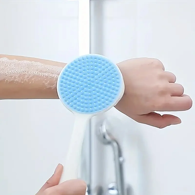 Double-Sided Silicone Back Scrubber with Bristles - Long Handle for Exfoliating and Cleaning Body in Shower or Bath - Bathroom