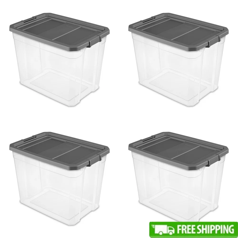 

Large Storage Bin 108 Quart Clear Plastic Storage Container with Latch Lid Dark Gray Pack of 4