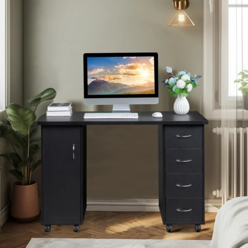 Multifunctional Computer Desk, Nail Table, Hemp Surface Particle Board with Triamine, One Door and Four Drawers, Easy to Assembl