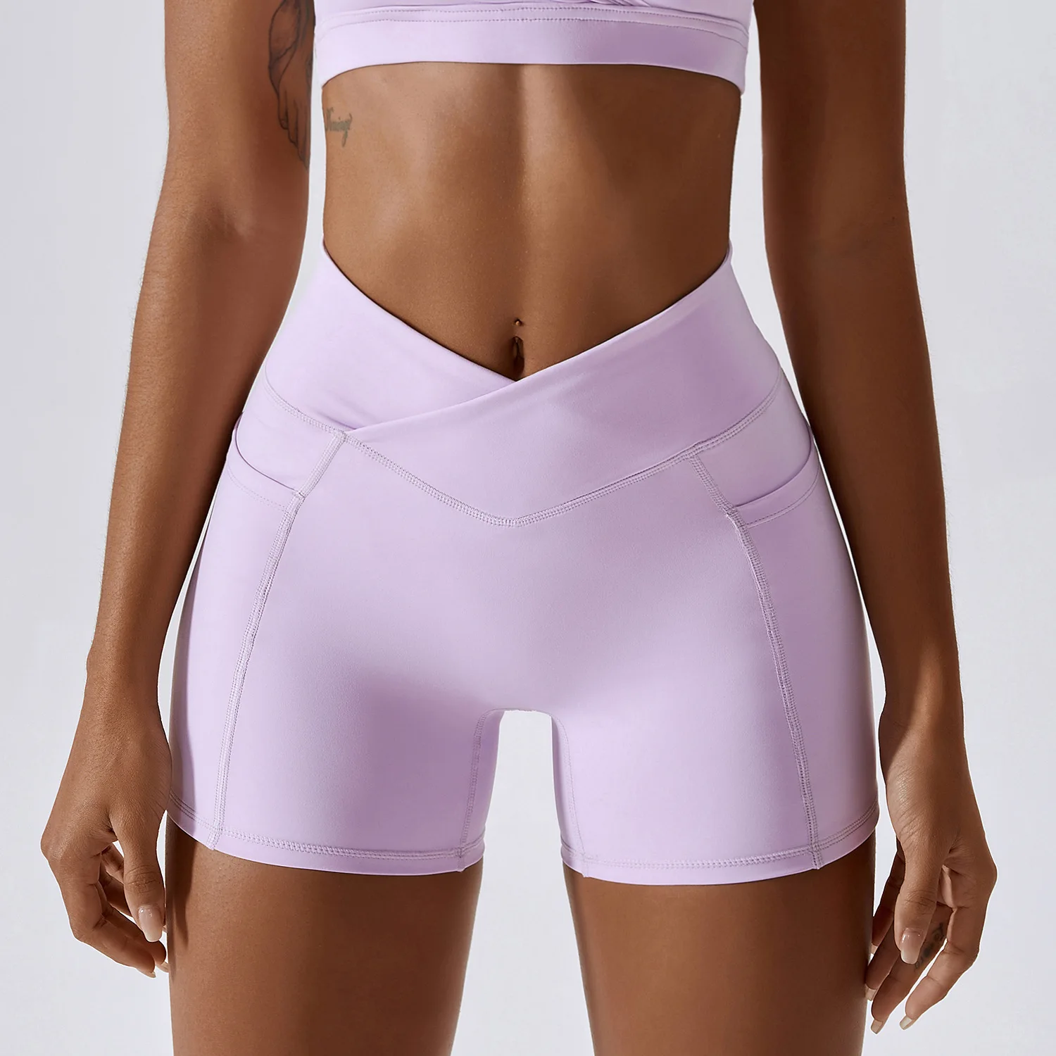 Nude Feeling High Waist Yoga Shorts Women\'s Pocket Running Fitness Shorts Gym Push Up Shorts Cross Waist Tight Sports Shorts