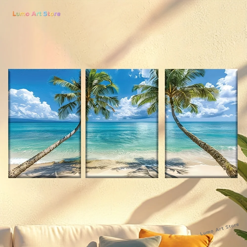 3pcs/set, Canvas painting--Unframed, Beautiful beach with coconut trees, Posters and prints, living room, office, library, ba
