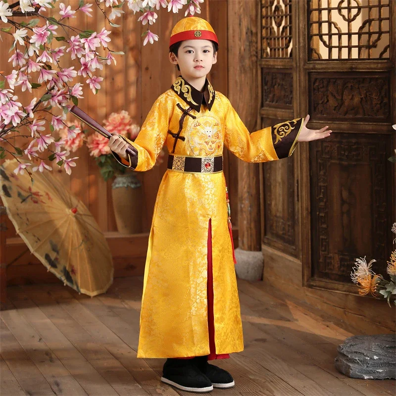 Chinese Boys Traditional Autumn Winter Yellow Embroidery Hanfu Children New Year Tang Suit Stage Performance Emperor Costumes