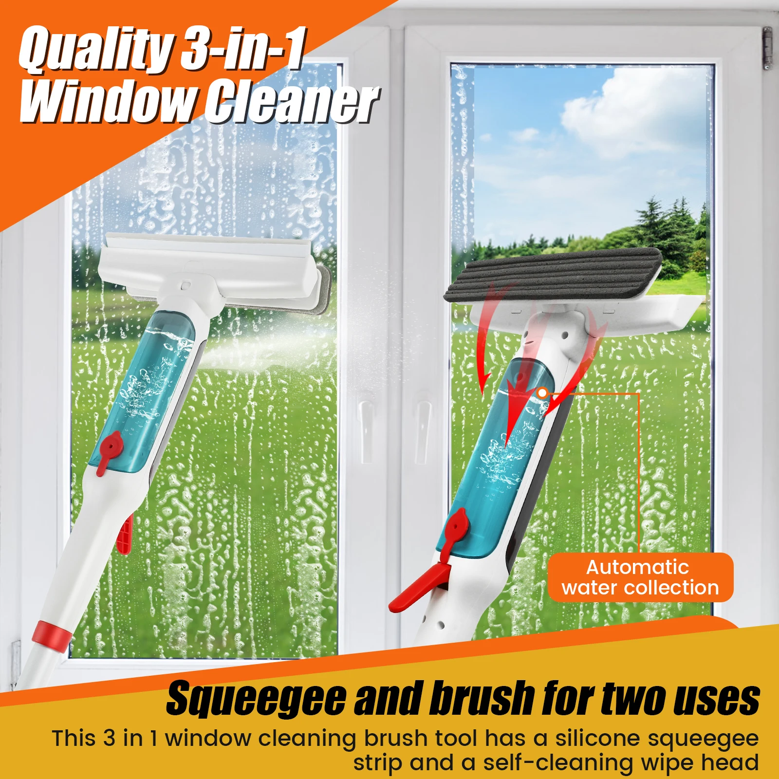 Window Squeegee 75 Inch Water Spray Window Cleaner Anti-Scratch Window Washer Equipment with 4 Poles and 4 Scrubbing Clothes for