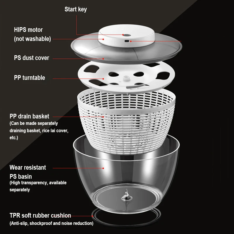 Vegetable Dehydrator Electric Quick Cleaning Dryer Fruit and Vegetable Dry and Wet Separation Draining Salad Spinner Home Gadget