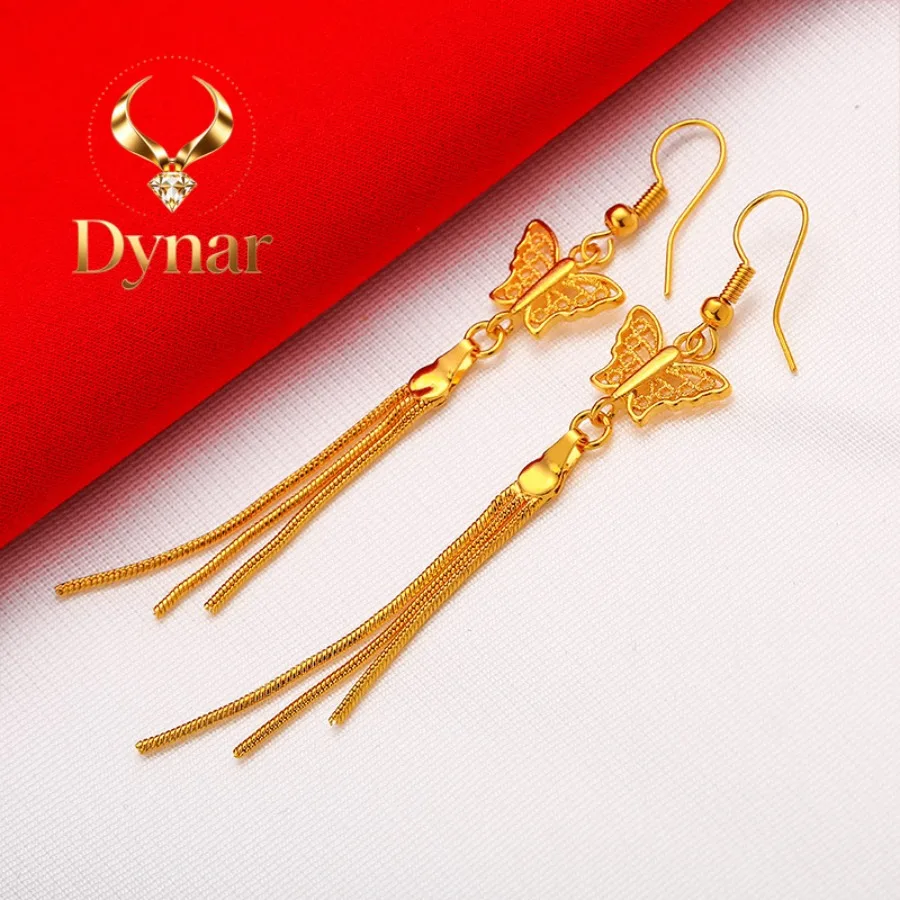 

Dynar Jewelry 24K Gold Butterfly Tassel Earrings AU999 Full Gold, Three-dimensional Butterfly Wings Styling with Gold Chain T