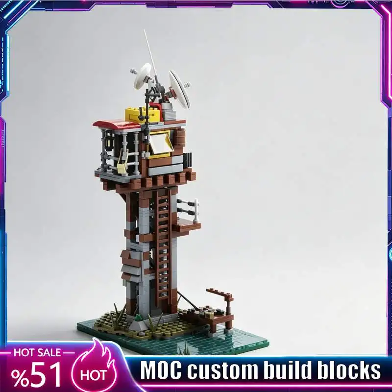 697PCS Brown Grey Post Apocalyptic Tall Watch Tower MOC Model Assembly Desktop Display Ornament Educational Toy Birthday Gifts