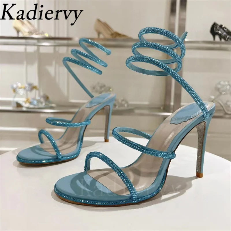 Summer High Heels Sandals For Women Rhinestone Snake Twine Around Ankle Strap Party Shoes Women Stiletto Crystal Sandals Woman