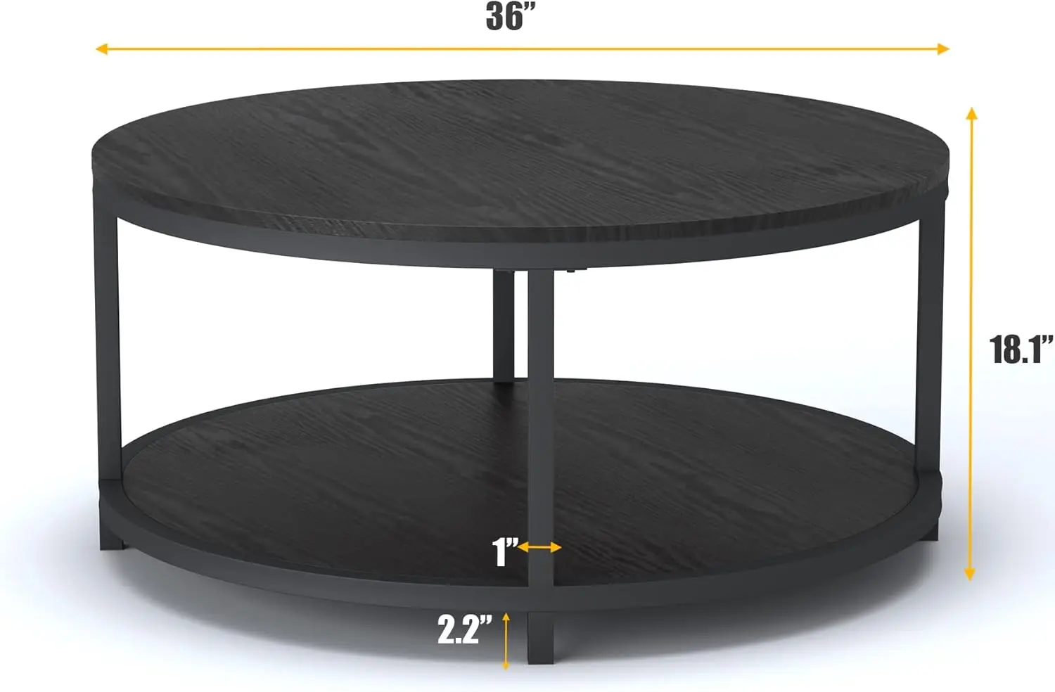 Table Basse Ronde de 36 Pouces avec Pied en Métal Robuste, Canapé Industriel de Salon, Design Moderne avec Rangement (Noir)