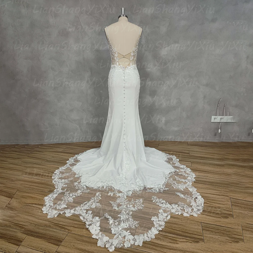 Elegant Mermaid Wedding Dress Spaghetti Straps Deep V Neck Lace Appliques Backless Buttons Chapel Train Satin Bridal Gown Custom image 4
