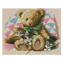 Amishop Free Delivery Top Quality Counted Cross Stitch Kit Teddy And Kittens Cats Cat dim 35236