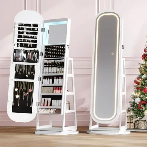 360° Swivel Jewelry Mirror Cabinet with Lights, Inside Makeup Mirror, Standing Jewelry Armoire Organizer, Rotatable