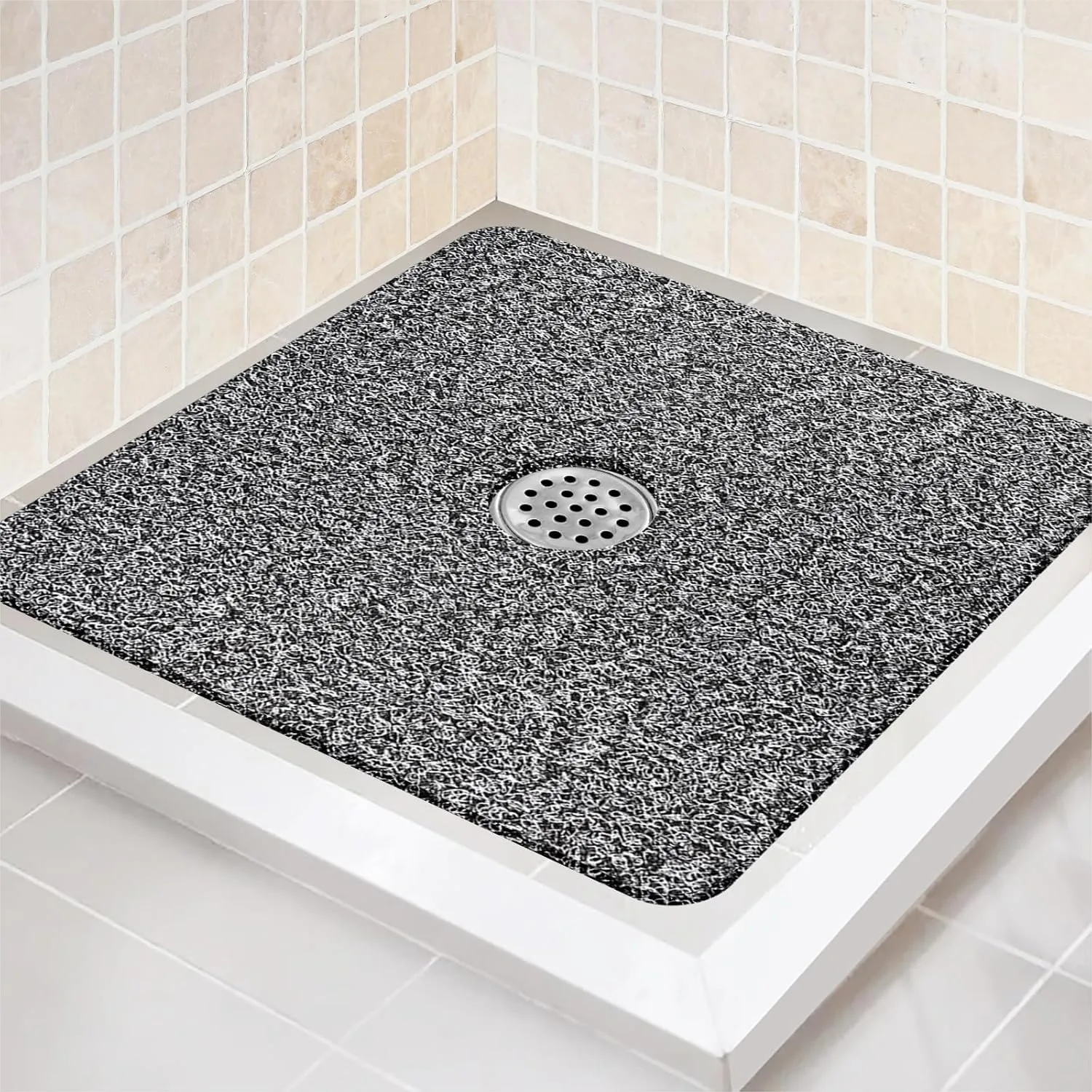 

Non Slip Shower Mat 27x27 Inch Extra Large Bath Mat with Drain, Soft Loofah Textured, No Suction Cups, Black White