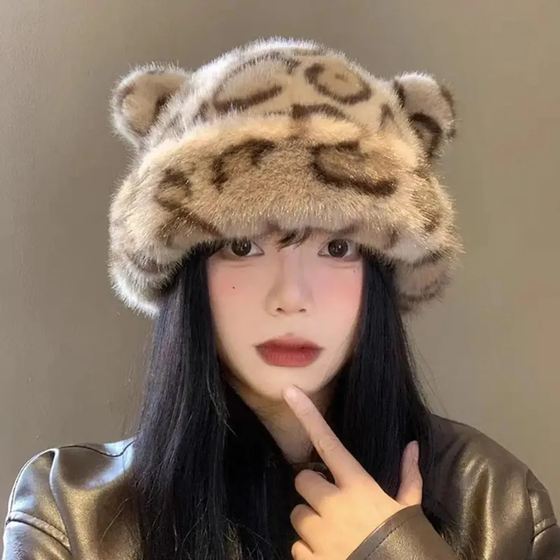 الشتاء يندبروف الدافئة سميكة بيني الرجعية ومتعددة الاستخدامات ليوبارد طباعة فو الفراء فو الثعلب الفراء قبعة الحلو ولطيف صياد قبعة #3