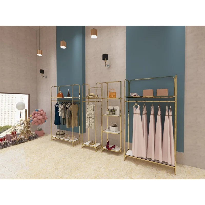 Custom, Goud Boutique Winkel Winkel Kleding Fittingen Display Meubelen Kleding Rek Stand
