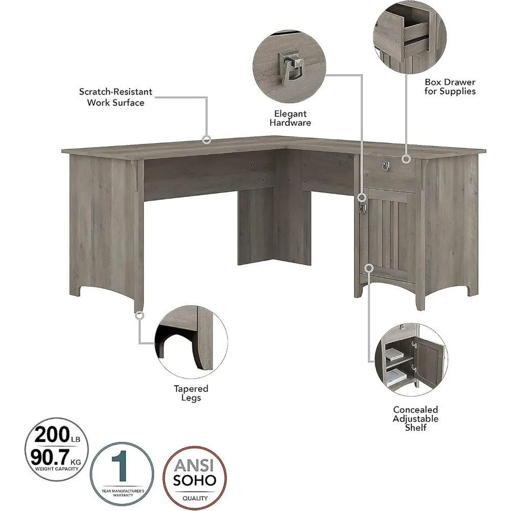 Scrivania a forma di L da 60W con schedario laterale e libreria a 5 ripiani in grigio