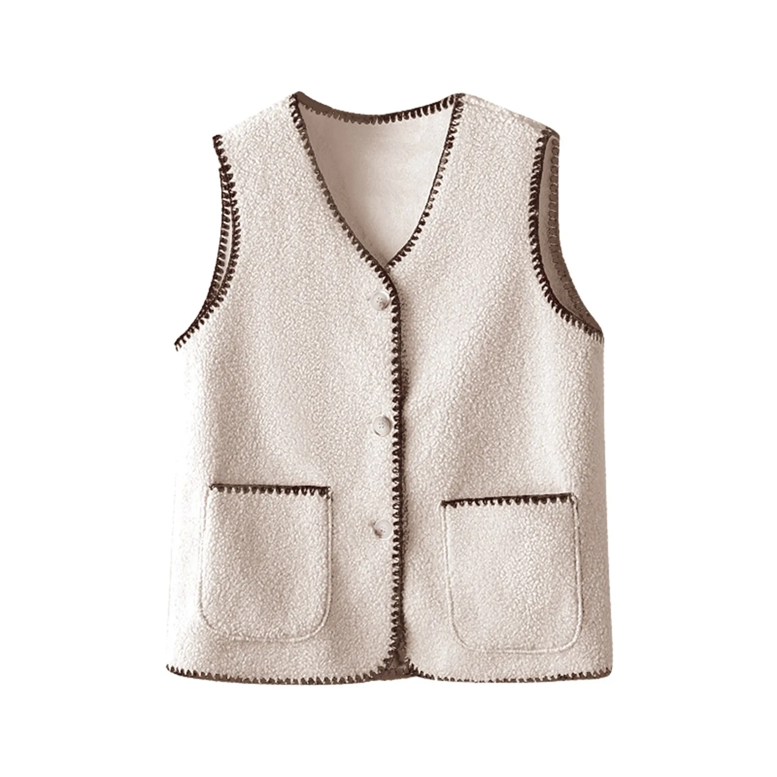 Women's V-neck Plush Vest Autumn and Winter Korean Furry Solid Color Patchwork Sleeveless Cardigan Button Pocket Vest Tops