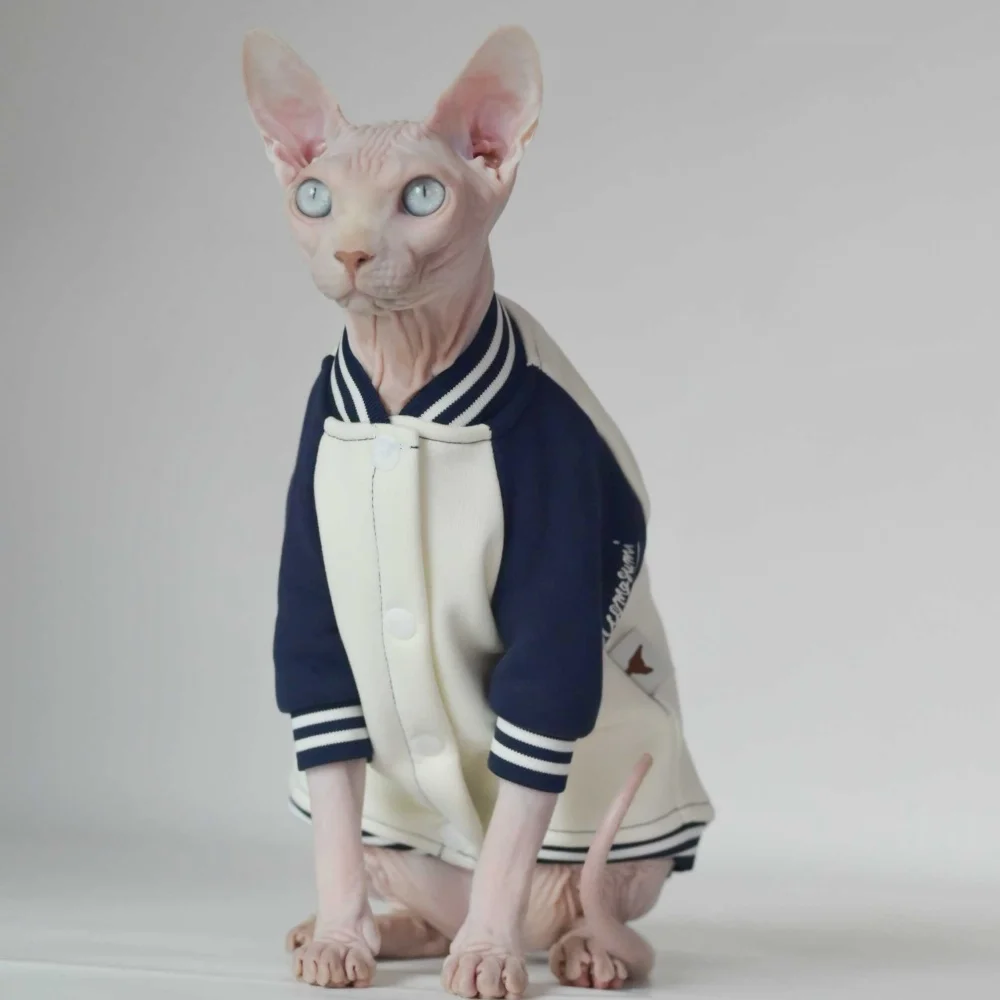 White-Blue Baseball Uniforms for Male Cat in Winter Warm Thick Cotton Jacket for Sphinx Cat Autumn Devon Rex Coat Cat Clothing