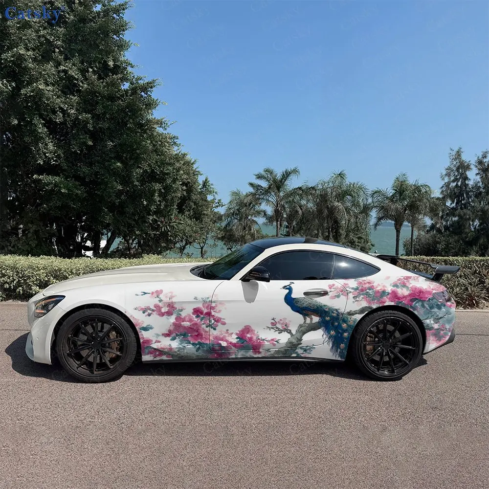 2pcs Blue Peacock Red Plum Spring, Durable, Fade-resistant, Enhance Vehicle Aesthetics With Bold Artistic Design Car Vinyl Wraps