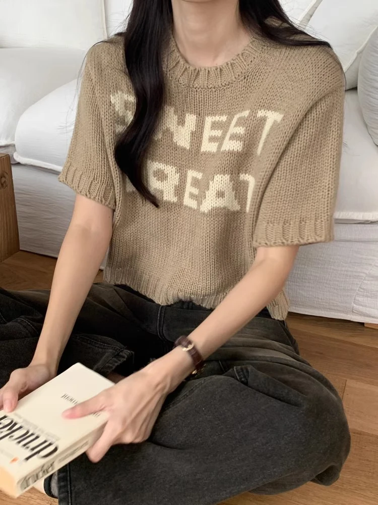 

Chic Autumn New Retro Embroidered Letter Print Color Blo ort Sve Knitted Sweater Women's Faion Korean Sle round Ne