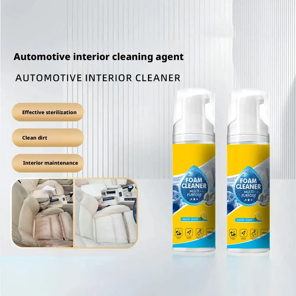 Multifunctional Car Foam Cleaner 150ml Lemon Scent No Rinse Leather Upholstery Interior Cleaner With Cloth & Sponge