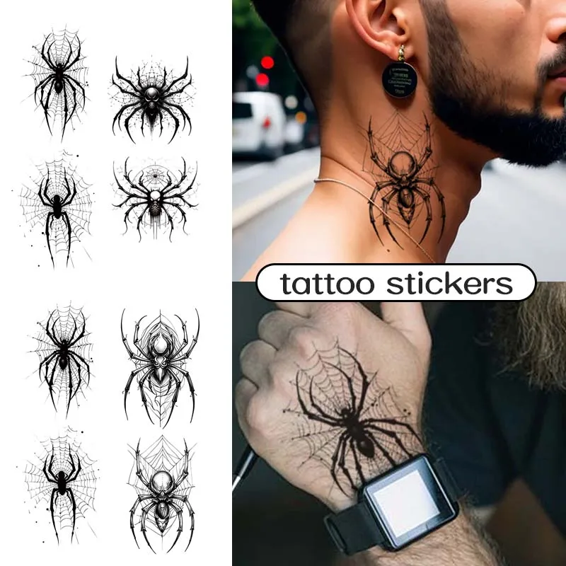 4pcs Realistic Spider Waterproof Temporary Tattoo for Hand Back and Neck, Lasting 1-2 Weeks, Semi-Permanent Fake Tattoo