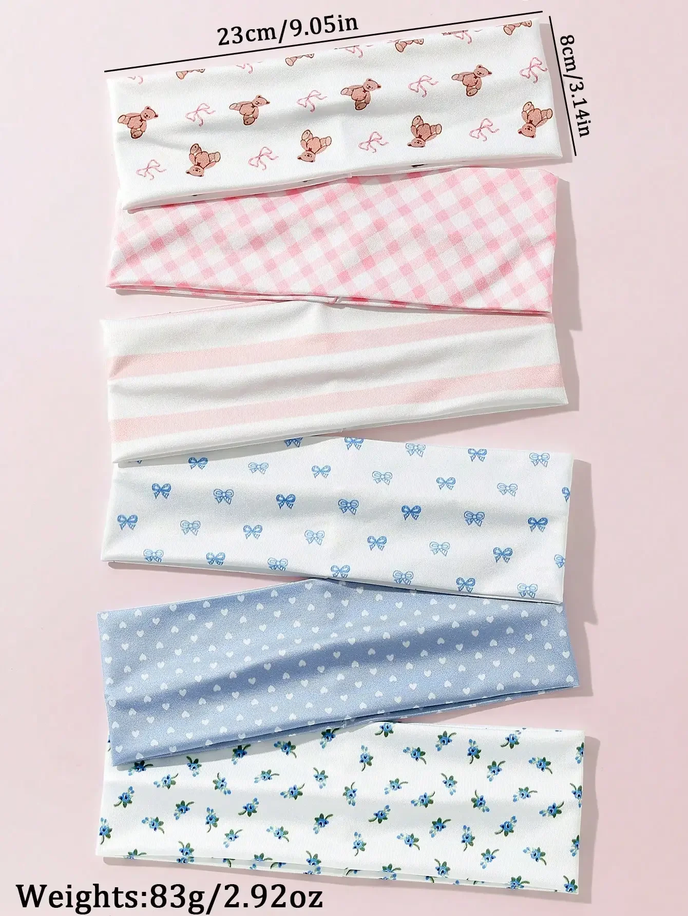 

6 шт. мягких нескользящих повязок на голову для женщин с принтом в виде медведя, полосок, цветов и сердечек, эластичные аксессуары для волос