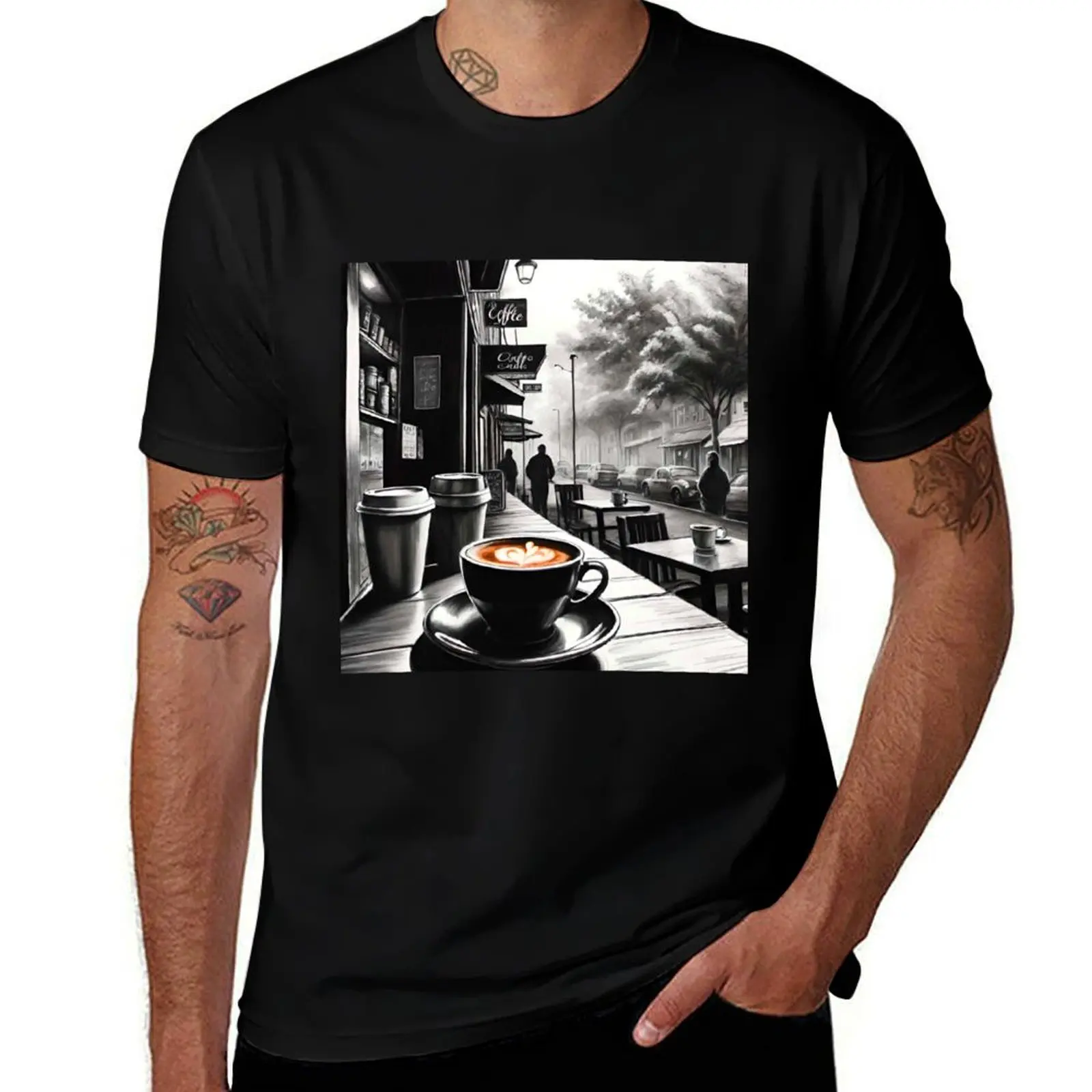

Street Scene: Bustling Energy Outside the Coffee Shop T-Shirt t shirt man plain t shirts with prints T-Shirt