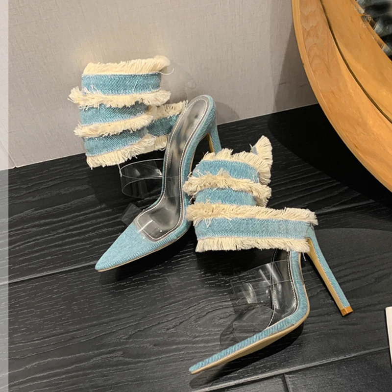 Liyke 2024 New Design Denim Ankle Snake Surround Strap Sandal Women Transparent PVC Summer High Heels Party Stripper Shoes Pumps