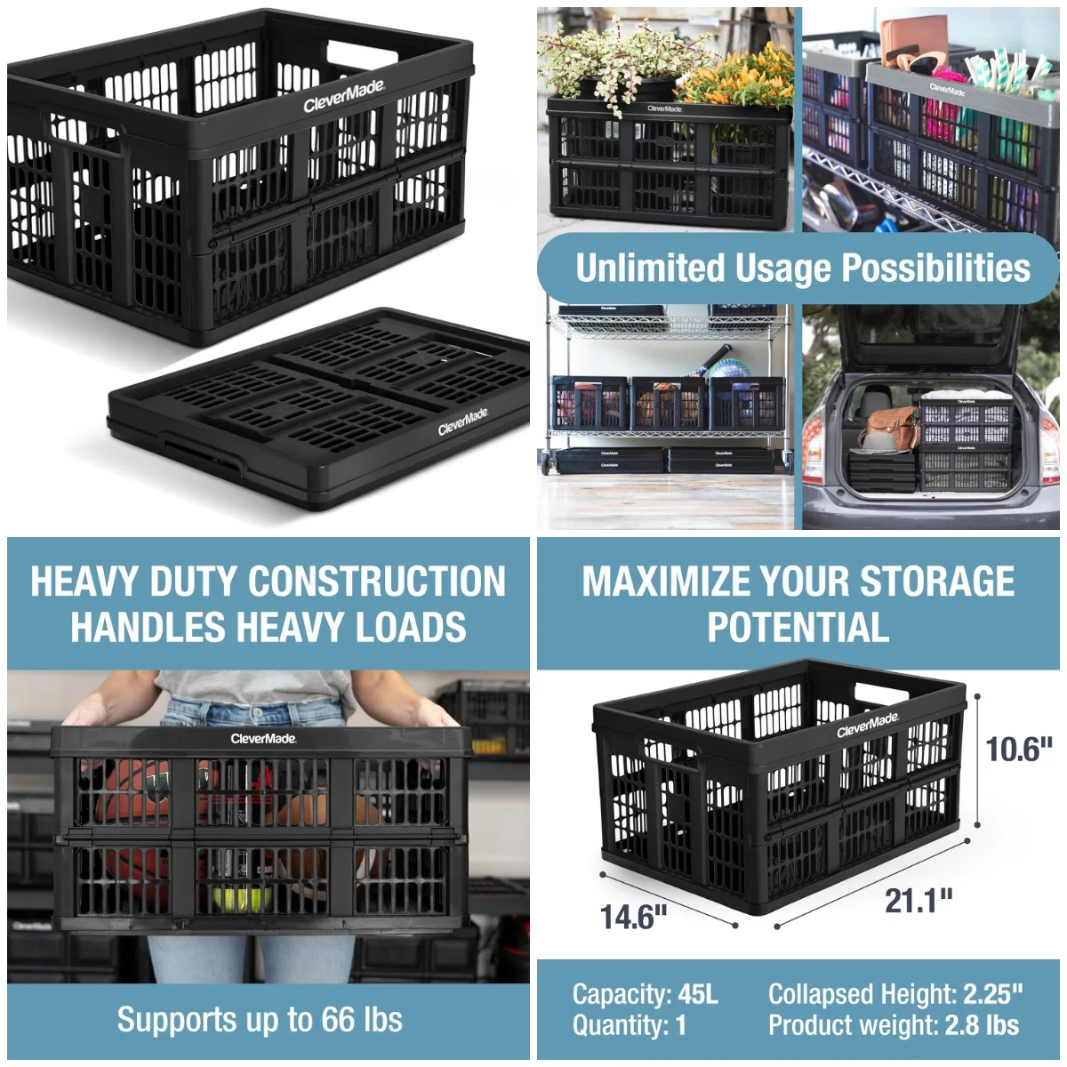 

Collapsible Utility Crate - 45L, 11 Gal, 66 lbs Capacity, Stackable, Heavy Duty, Space-Saving