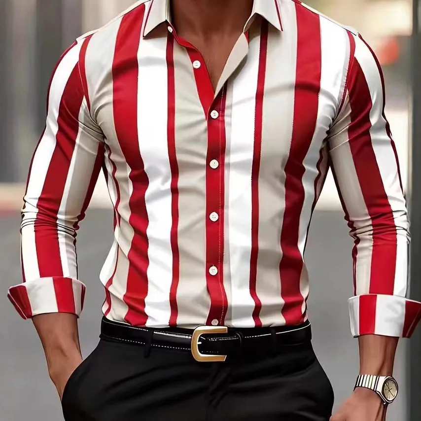 Four-sided Elastic Long-sleeved Shirt Men's Striped Slim-fitting Shirt Casual Printing Non-ironing Comfortable Men's Clothing
