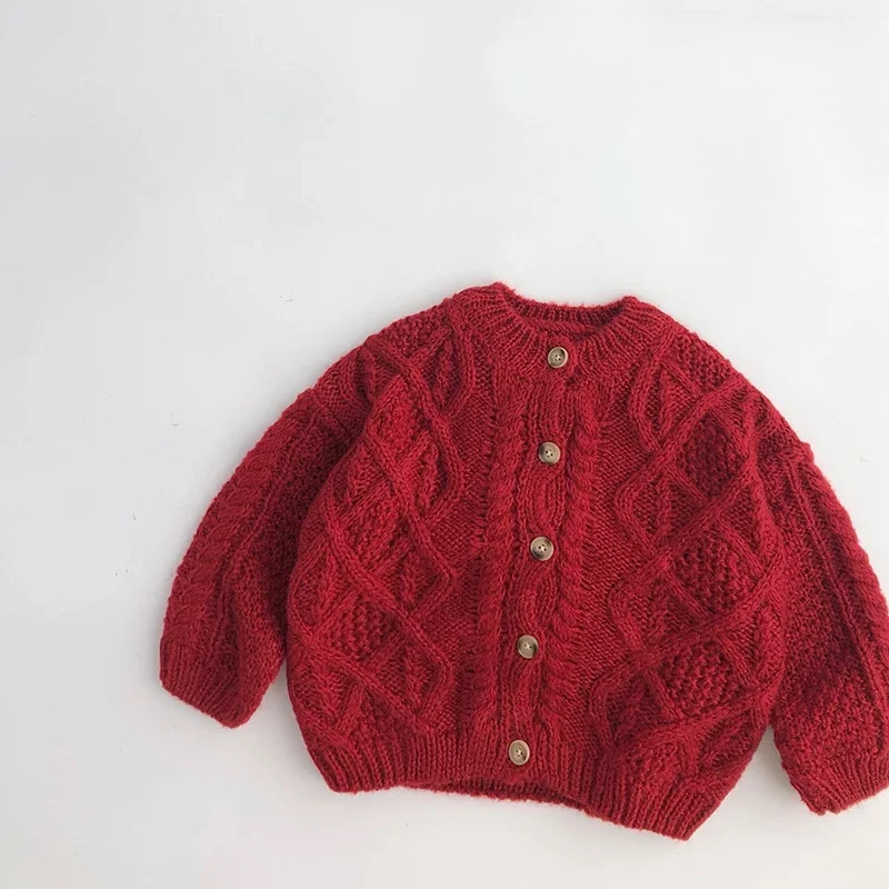 

Red Cable Knit Kids Cardigan Christmas New Year Toddler Sweater Autumn Winter Warm Button-Up Outerwear for 1-6Y Girls