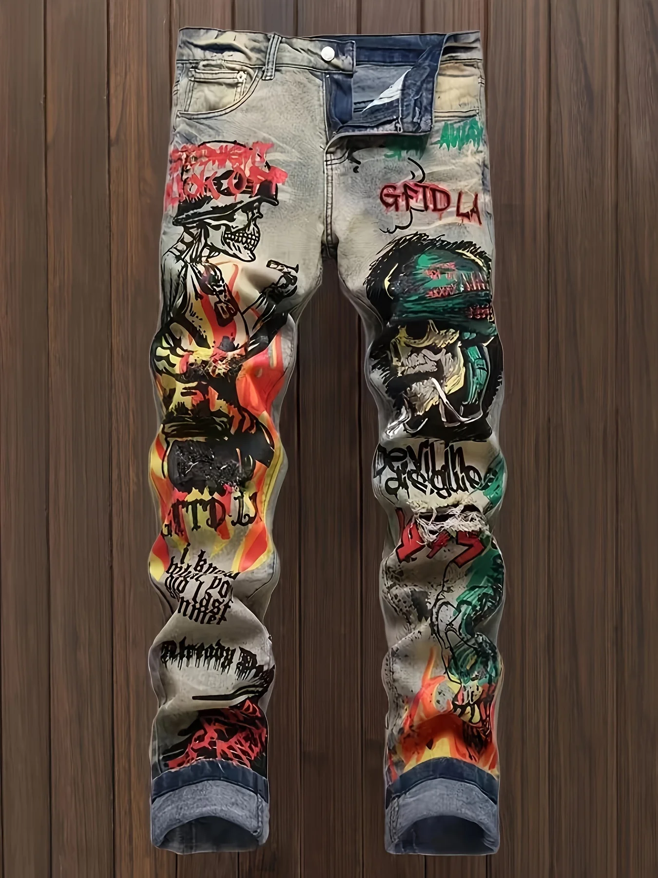 Men's Vintage Style Jeans With Novelty Skull Patter, Street Style Jeans For Males