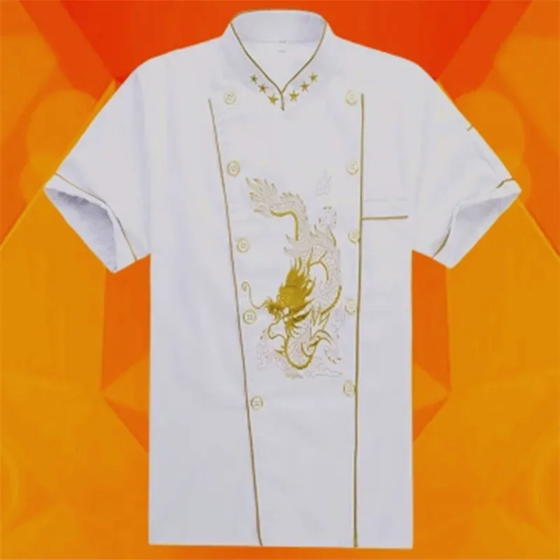 Neue Männer Frauen Stickerei Drachen Koch Uniform Kurzarm Küche Arbeit tragen Mesh Patchwork atmungsaktive Food Service Chef Jacke