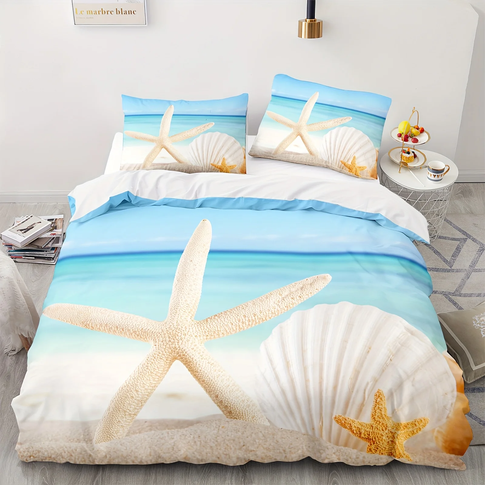 

2/3pcs Beach-Themed Bedding Set with Starfish & Seashell Print - Machine Washable, Zipper Closure, Polyester, All-Season