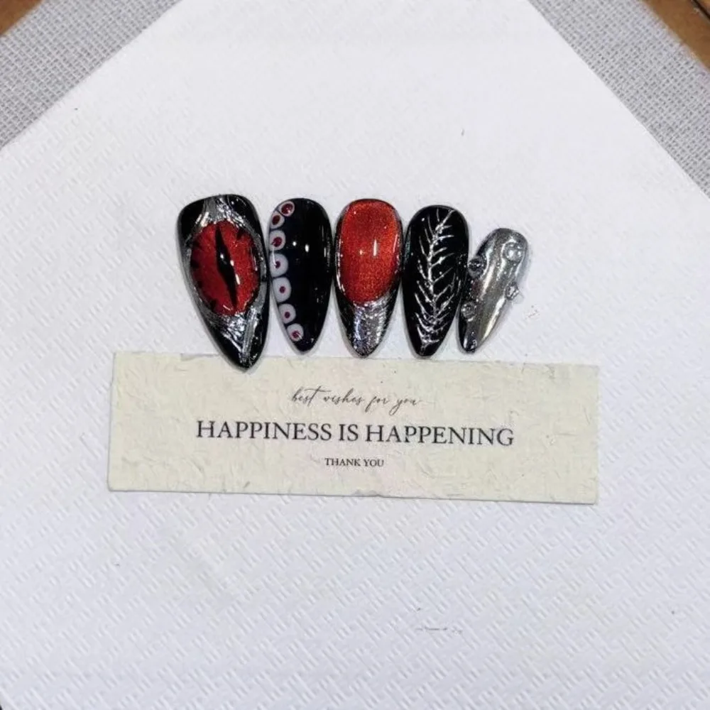 10 Pieces Red Cat Eye Halloween Handmade Press On Nails Skeleton Shaped Devil Eyes French Fake Nails Removable and Reusable
