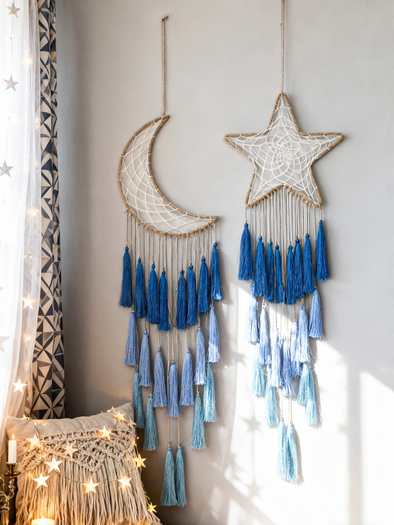 Moon & Star Macrame Dream Catcher Wall Decor Blue Tassels Boho Hanging Ornament Nordic Style Bedroom Living Room Decoration Gift