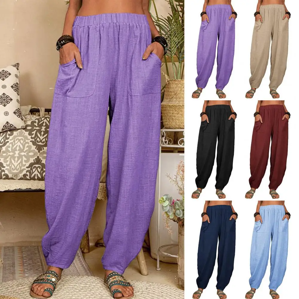 Women Pants Elastic High Waist Pure Color Long Trousers with Pockets Loose Fit Wide Leg Harem Pants Daily Wear