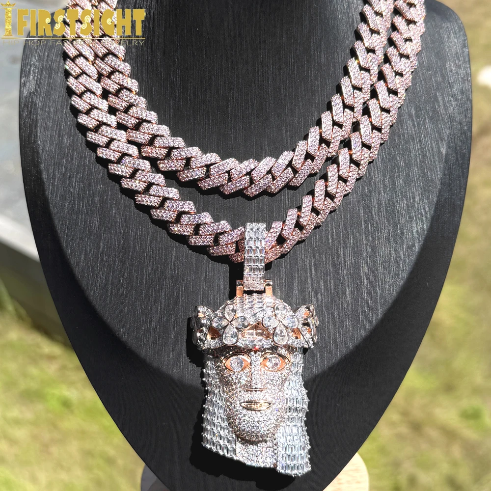 

New Iced Out Luxury Big Religious Jesus Head Pendant Necklace Rose Gold Color Zircon Faith Cuban Chain Men's Hip Hop Jewelry