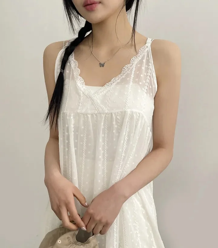 2026 Summer New Design V-Neck Lace Mesh Tank Dress Gentle Style Layering Cover-Up Women's Loose Fit Polyester Pure Color