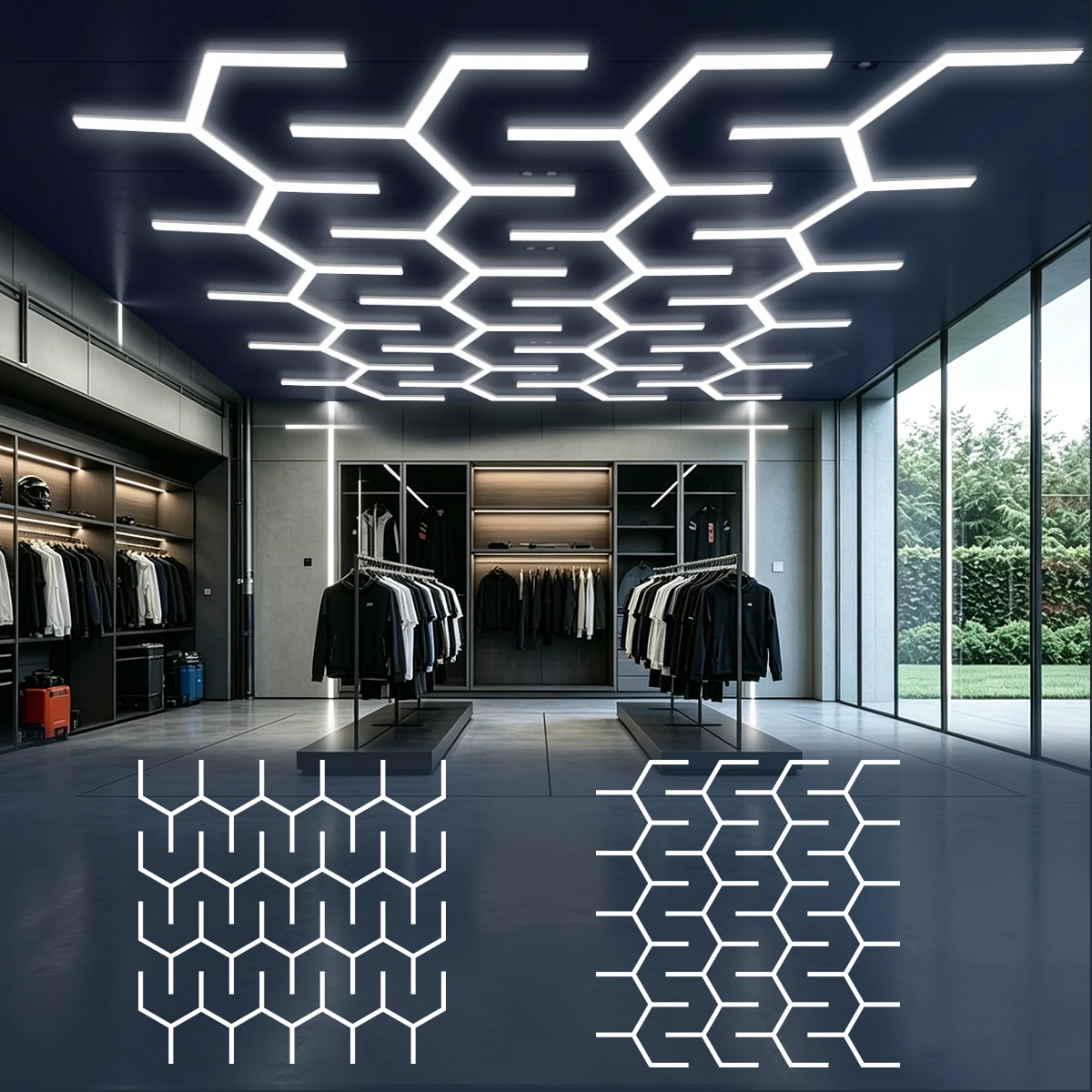 AC110V-220V Modular Hexagon LED Light-Industrial Honeycomb Ceiling Lamp for Garage,Car Showroom,Hair Salon,Clothing Store 6500K